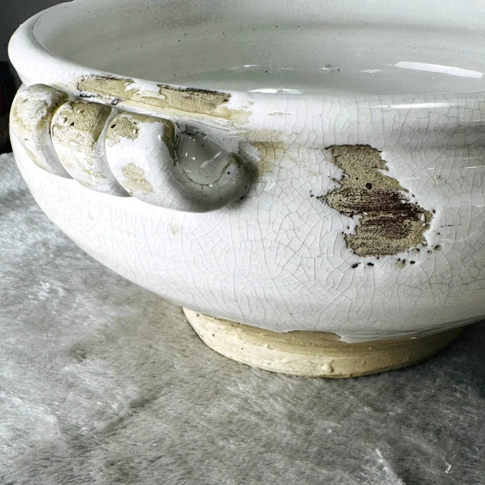 Rustic White Crackle Glaze Stoneware Bowl Planter Farmhouse Cottagecore Decor